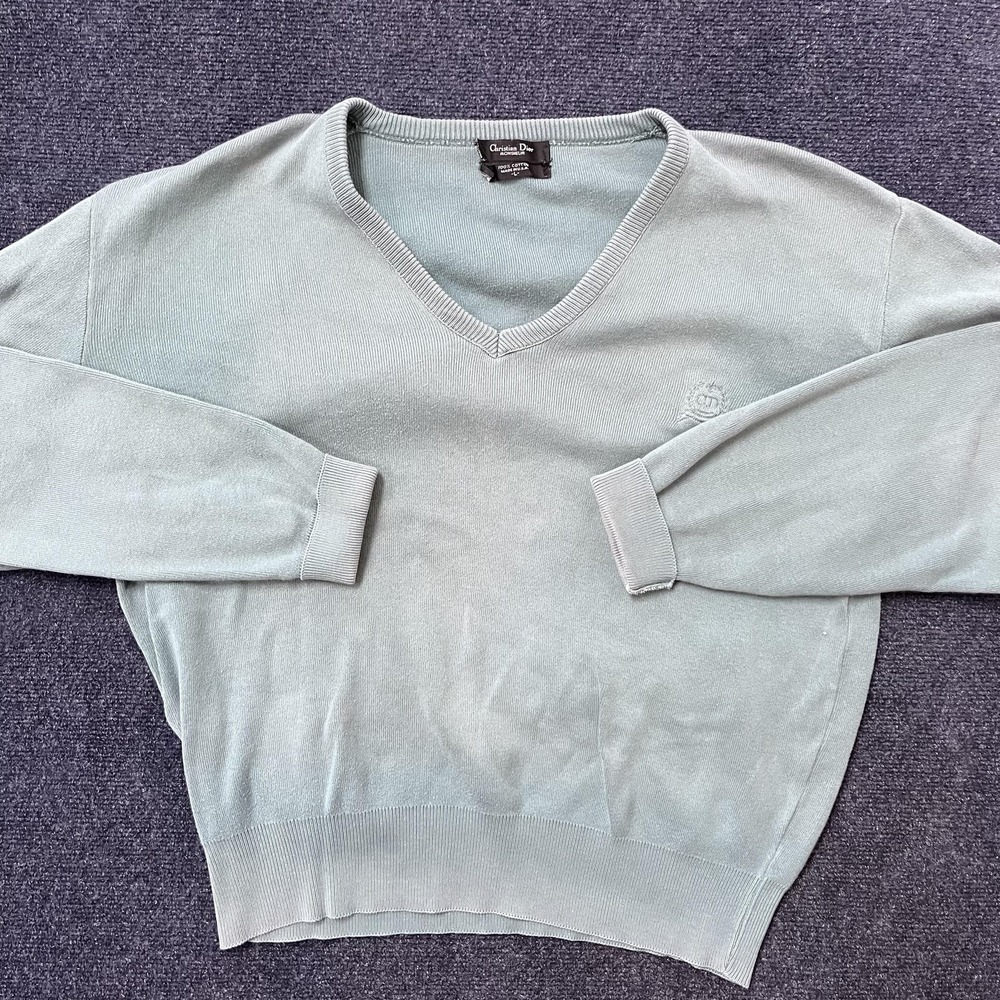 Vintage Christian Dior Sweater Mens Large Green V Neck 100% Cotton Made USA 90s